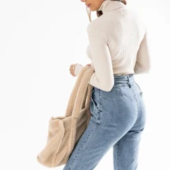 Pull TEXTO beige clair côtelé à col roulé