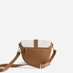 Sac à main bi-matière cognac et textile beige