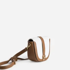 Sac à main bi-matière cognac et textile beige