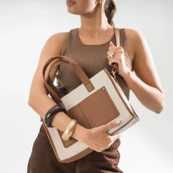 Sac à main bi-matière cognac et beige