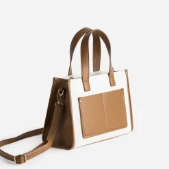 Sac à main bi-matière cognac et beige