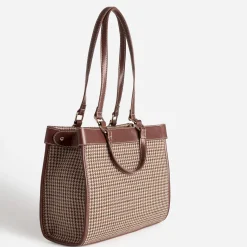 Sac à main cognac à motif pied-de-poule