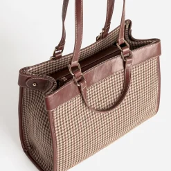 Sac à main cognac à motif pied-de-poule