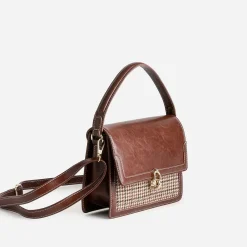 Sac à main cognac motif pied-de-poule