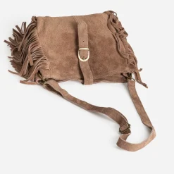 Sac à main TEXTO taupe cuir velours à franges