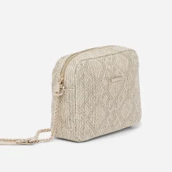 Sac bandoulière paille beige brodé or
