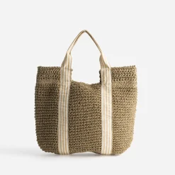 Sac cabas beige paille papier anses rayées