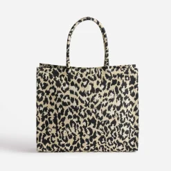 Sac cabas TEXTO beige à motif léopard