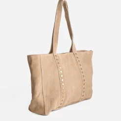 Sac cabas TEXTO beige cuir velours