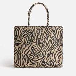 Sac cabas TEXTO beige foncé à motif zébré
