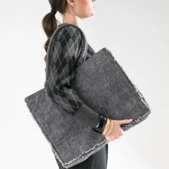 Sac cabas TEXTO gris effet denim frangé