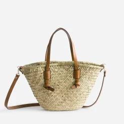 Sac panier beige en paille anses camel