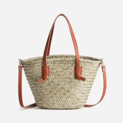 Sac panier beige en paille anses orange