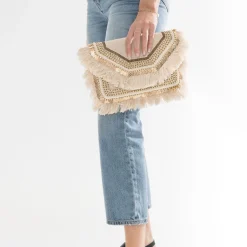 Sac pochette beige chiné en textile à broderies ethniques