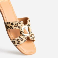 Sandale beige cuir motif léopard et anneau