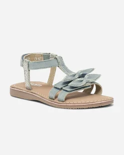 Sandale bleu et argent en cuir velours avec nœuds