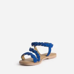 Sandale bleue en cuir velours à brides entrelacées