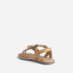 Sandale BUGGY camel en cuir avec pompons