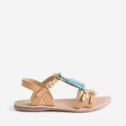 Sandale BUGGY camel en cuir avec pompons