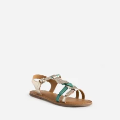 Sandale BUGGY cuir turquoise et dorée plumes