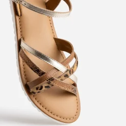 Sandale BUGGY dorée en cuir et motif léopard