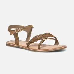 Sandale camel en cuir métallisé avec feuilles