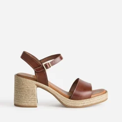 Sandale cognac cuir talon effet corde