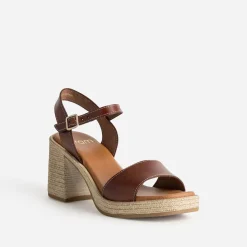 Sandale cognac cuir talon effet corde