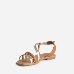 Sandale cognac, doré, motif léopard cuir