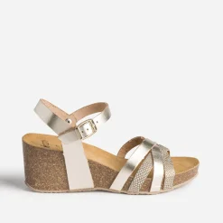 Sandale compensée anatomique dorée en cuir