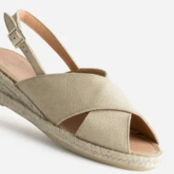 Sandale compensée beige doré cuir velours
