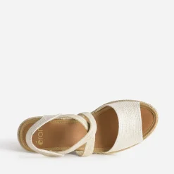 Sandale compensée beige dorée textile en cuir éco-conçu