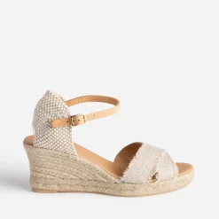 Sandale compensée beige pailleté doré en toile