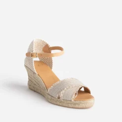 Sandale compensée beige pailleté doré en toile