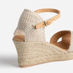 Sandale compensée beige pailleté doré en toile