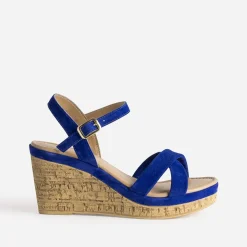 Sandale compensée bleu roi cuir velours