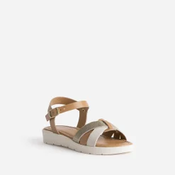 Sandale compensée BUGGY camel et dorée en cuir