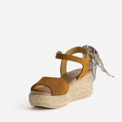 Sandale compensée camel cuir velours éco-conçu