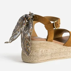 Sandale compensée camel cuir velours éco-conçu