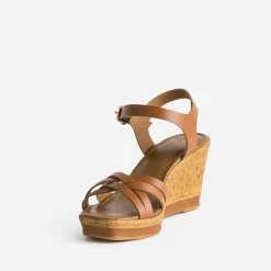 Sandale compensée camel en cuir