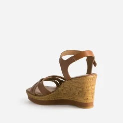 Sandale compensée camel en cuir