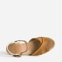 Sandale compensée camel en cuir velours éco-conçu