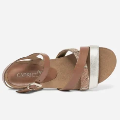 Sandale compensée CAPRICE cognac et doré en cuir