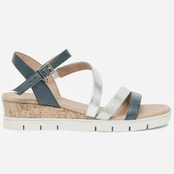 Sandale compensée CAPRICE bleu grisé et argent en cuir