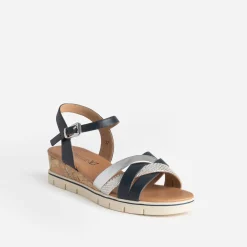 Sandale compensée CAPRICE marine et argenté en cuir