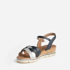 Sandale compensée CAPRICE marine et argenté en cuir