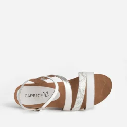 Sandale compensée CAPRICE blanche et argentée en cuir