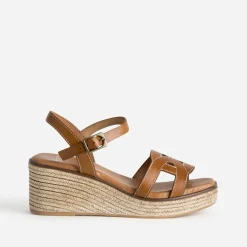 Sandale compensée cognac cuir