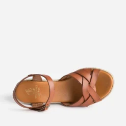 Sandale compensée cognac éco-conçue en cuir