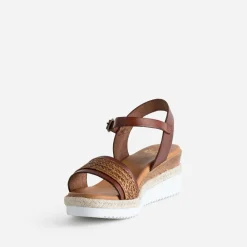 Sandale compensée cognac cuir et tressage